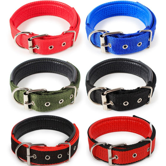 Six adjustable soft-lined pet collars in red, blue, green, black, and two red-black combinations with metal buckles