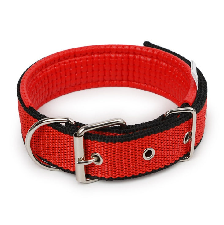 Red and black adjustable dog collar with metal buckle and D-ring, soft lined for comfort