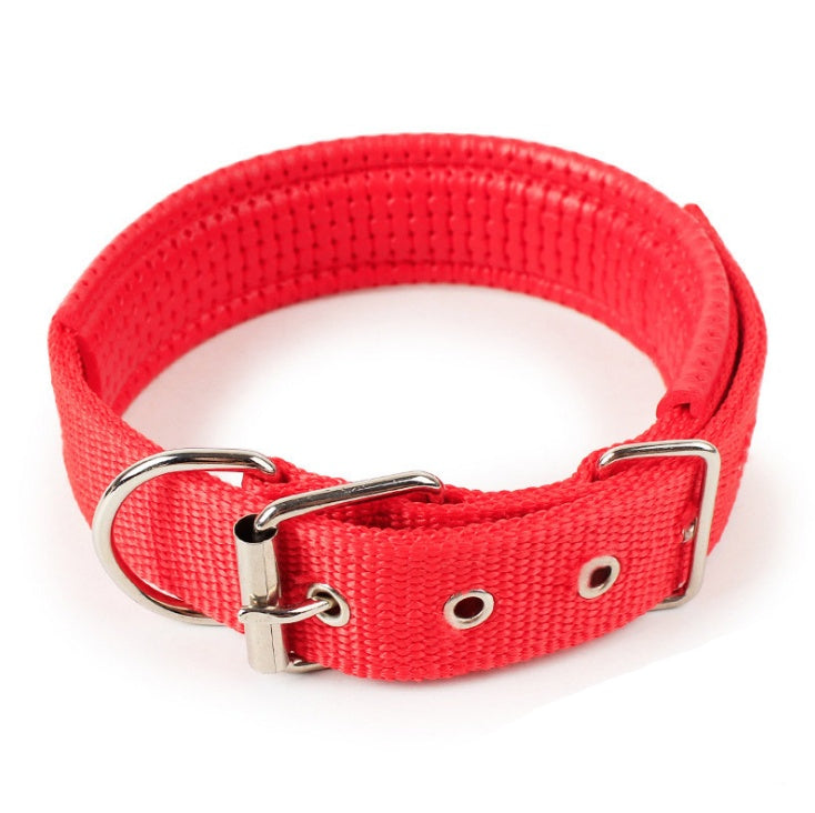 Adjustable red dog collar with soft lining, metal buckle, and D-ring for durability and comfort
