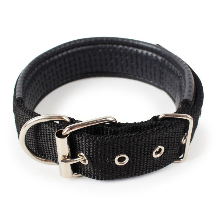 Adjustable black dog collar with soft lining and metal buckle and D-ring for durability