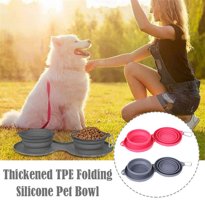 Thickened TPE folding silicone pet bowls in gray and red, shown with dog and woman outdoors