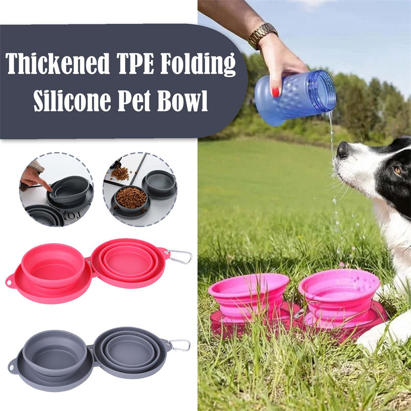 Red collapsible double pet bowl with non-slip silicone mat on grass, dog being poured water