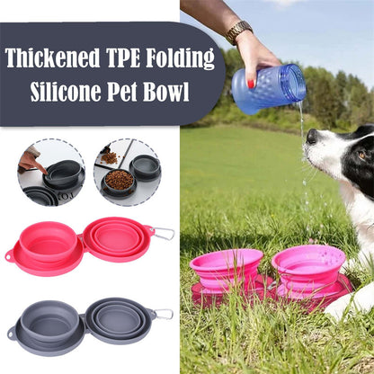 Red collapsible double pet bowl with non-slip silicone mat on grass, dog being poured water
