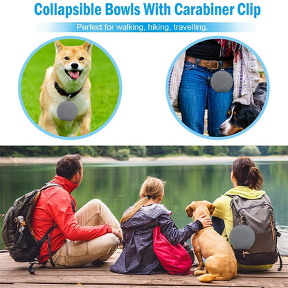 Red collapsible double pet bowl with non-slip silicone mat and carabiner clip for travel and hiking