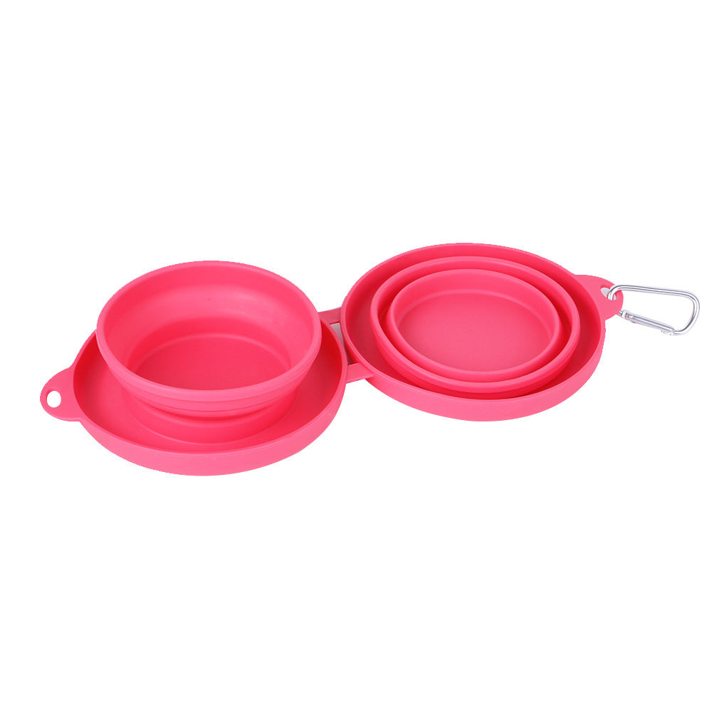 Red collapsible double pet bowl with foldable silicone design and metal clip