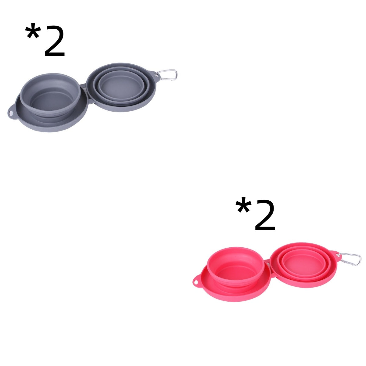 Collapsible double pet bowls in gray and red with non-slip silicone mats and metal clips