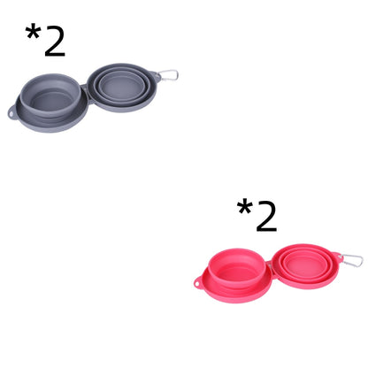 Collapsible double pet bowls in gray and red with non-slip silicone mats and metal clips