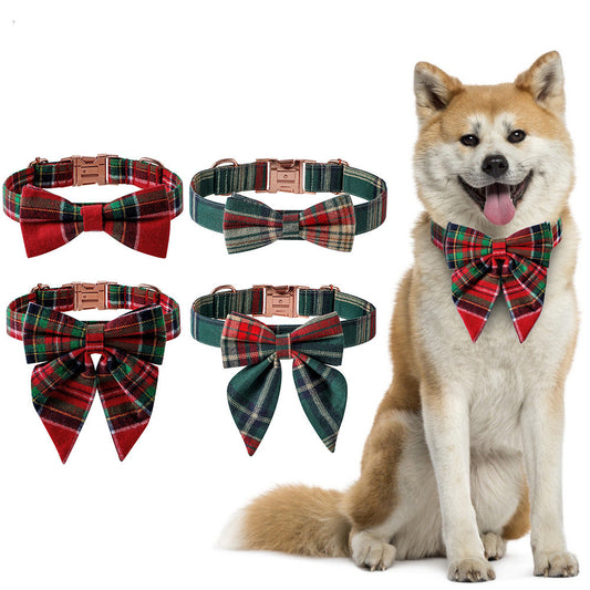 Happy dog wearing red plaid bow tie collar next to three adjustable plaid dog collars with rose gold buckles