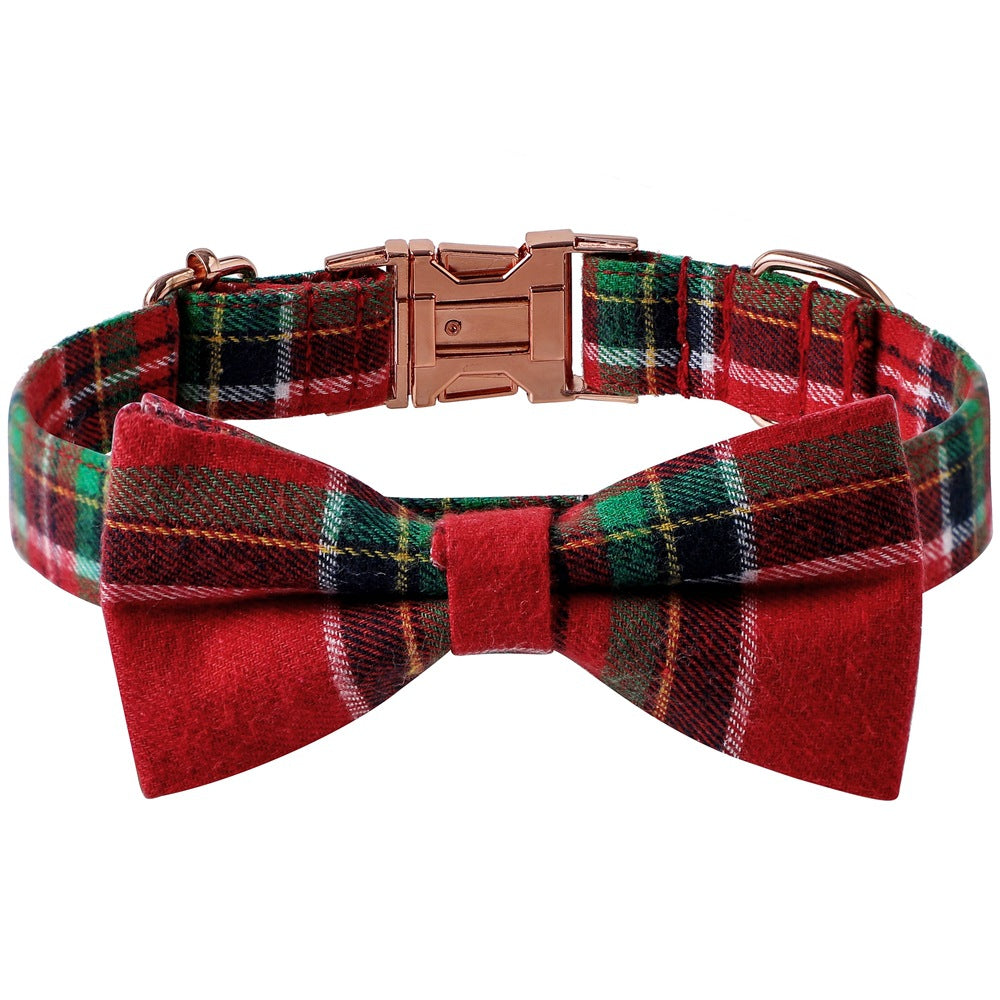 Adjustable red plaid cotton dog collar with bow tie and rose gold buckle