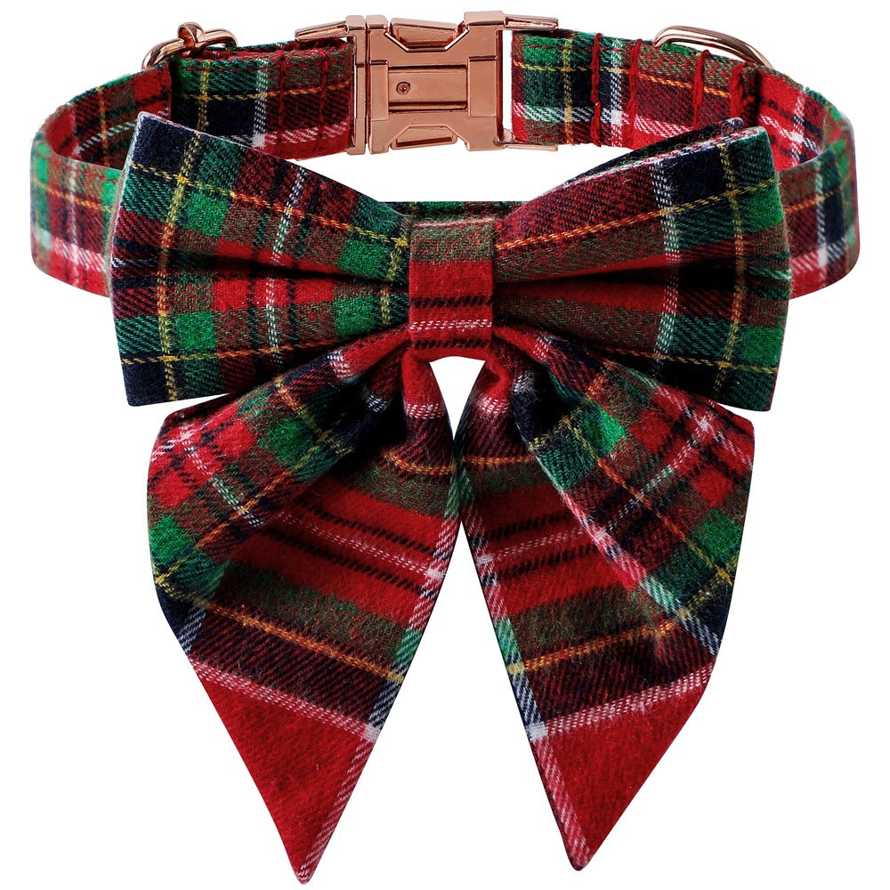 Adjustable red plaid cotton dog collar with festive bow and rose gold buckle
