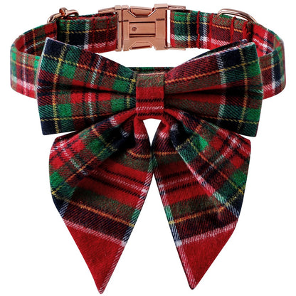 Adjustable red plaid cotton dog collar with festive bow and rose gold buckle