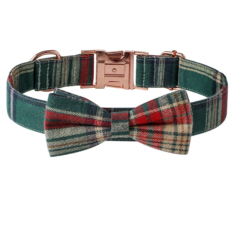 Adjustable green and red plaid cotton dog collar with bow and rose gold buckle