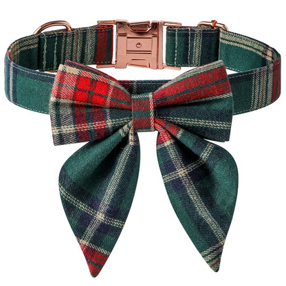 Adjustable red and green plaid Christmas dog collar with rose gold metal buckle and bow