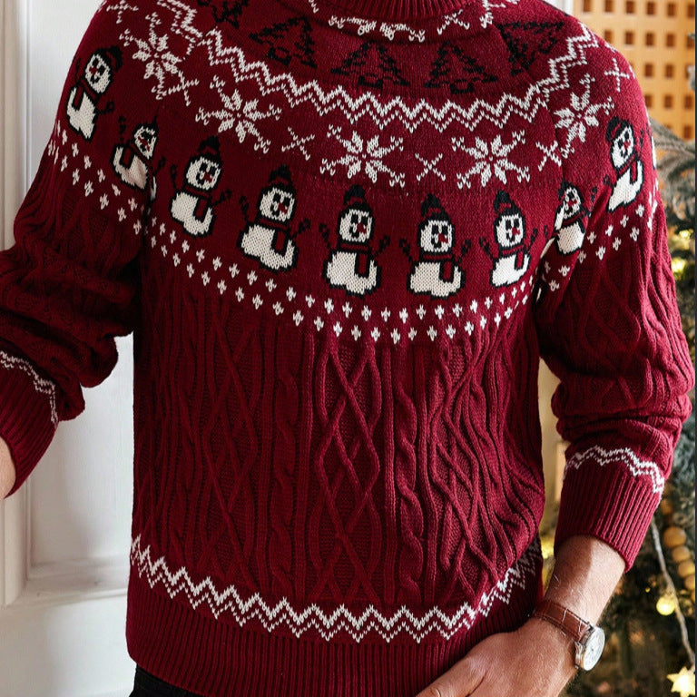Festive red Christmas cable knit sweater with snowman and snowflake patterns for winter warmth