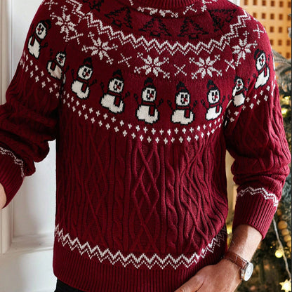 Festive red Christmas cable knit sweater with snowman and snowflake patterns for winter warmth
