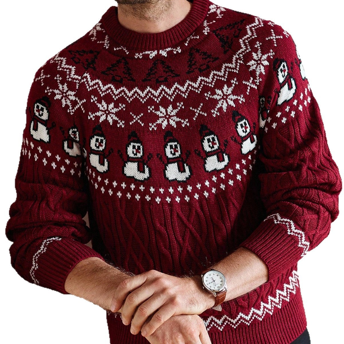 Man wearing festive red Christmas cable knit sweater with snowman and snowflake patterns