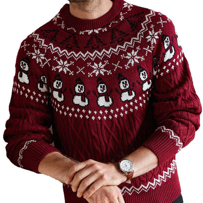 Man wearing festive red Christmas cable knit sweater with snowman and snowflake patterns