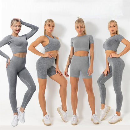 Four women modeling coordinated grey seamless activewear sets including leggings, shorts, crop tops, and long sleeves