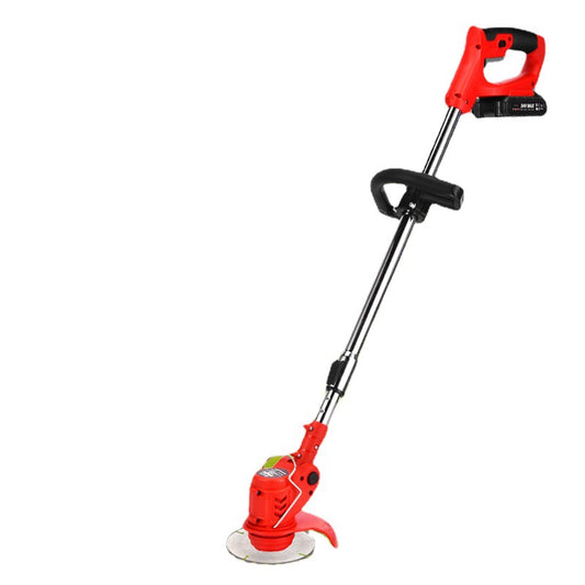Red cordless electric lawn trimmer with lithium battery and adjustable handle
