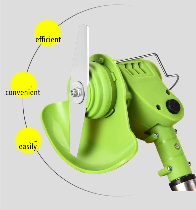 Green cordless electric weeder with metal blade and protective guard on gray background