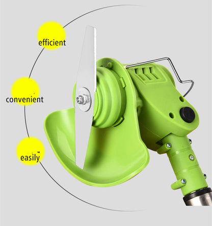 Green cordless electric weeder with metal blade and protective guard on gray background