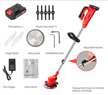 Red cordless electric lawn trimmer with adjustable button, battery, blades, plastic tool heads, charger, and installation tools