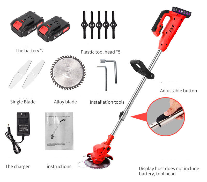 Red cordless electric lawn trimmer with lithium battery, blades, charger, and tools for garden weeding