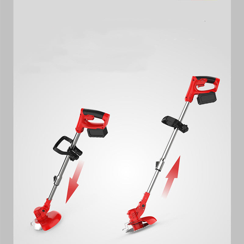 Red cordless electric lawn trimmer with adjustable shaft and lithium battery