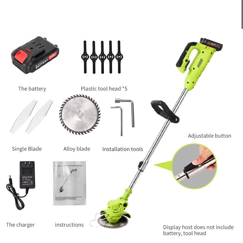 Cordless electric weeder kit with green lawn trimmer, battery, charger, blades, tool heads, and instructions