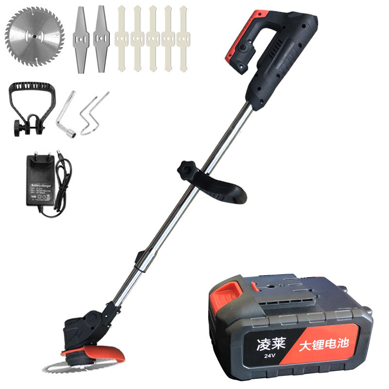 Cordless electric weeder with lithium battery, metal cutting blades, charger, and handle attachments