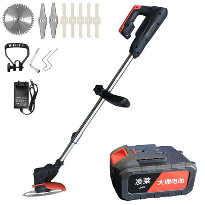 Cordless electric weeder with lithium battery, metal cutting blades, charger, and handle attachments