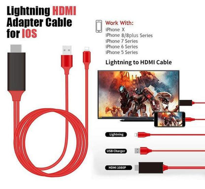 Red Lightning to HDMI adapter cable for iOS devices compatible with iPhone X to 5 series, supports 1080p HDMI output