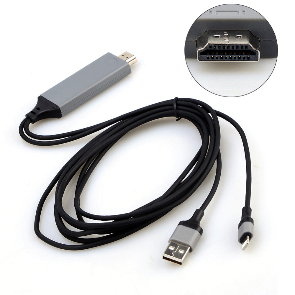Trendoligy Lightning to HDMI adapter cable with USB and Lightning connectors on white background