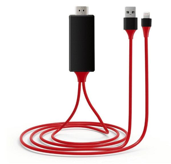 Red Trendoligy Lightning to HDMI adapter cable for iOS devices with USB power connector