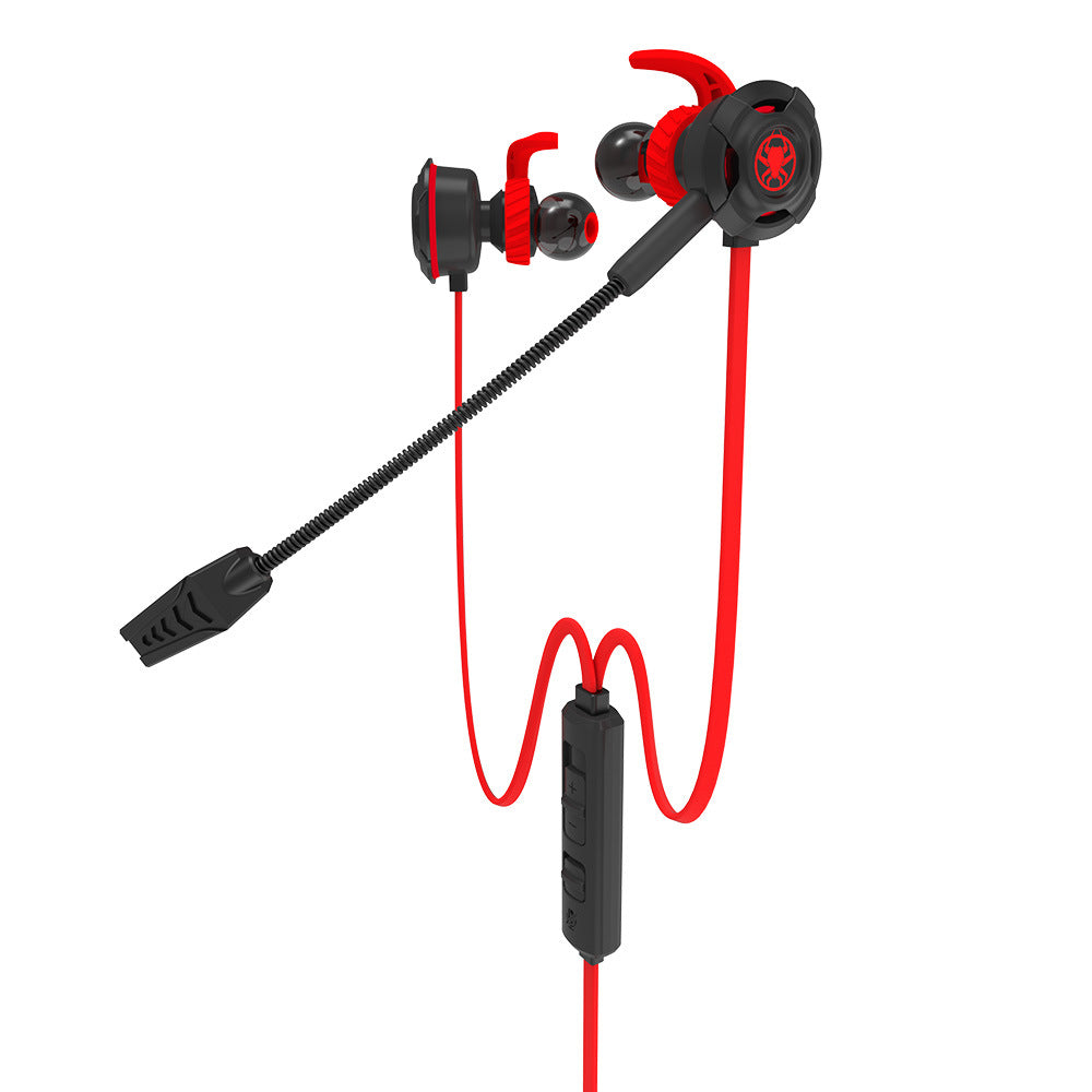 Red and black wired Trendoligy in-ear gaming headset with flexible microphone and inline controls