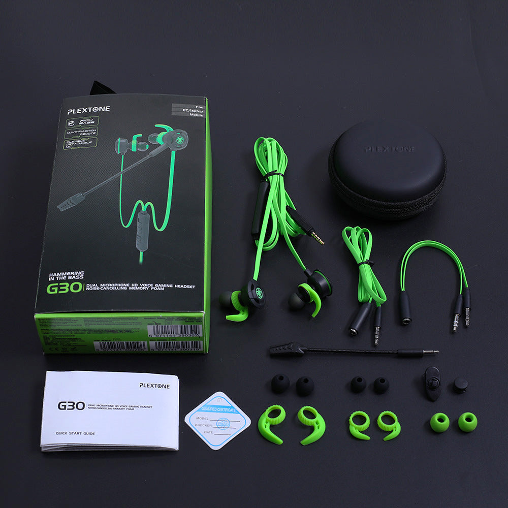 Plextone G30 dual microphone gaming headset with green wired earphones, accessories, and black carrying case