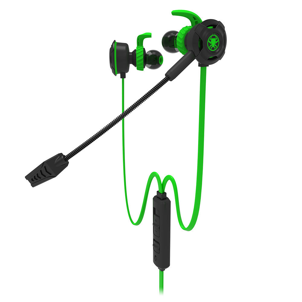 Green and black wired in-ear gaming headset with microphone and inline control buttons