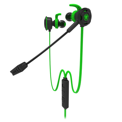Green and black wired in-ear gaming headset with microphone and inline control buttons