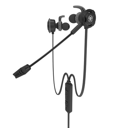 Black wired in-ear gaming headset with flexible microphone and inline volume control