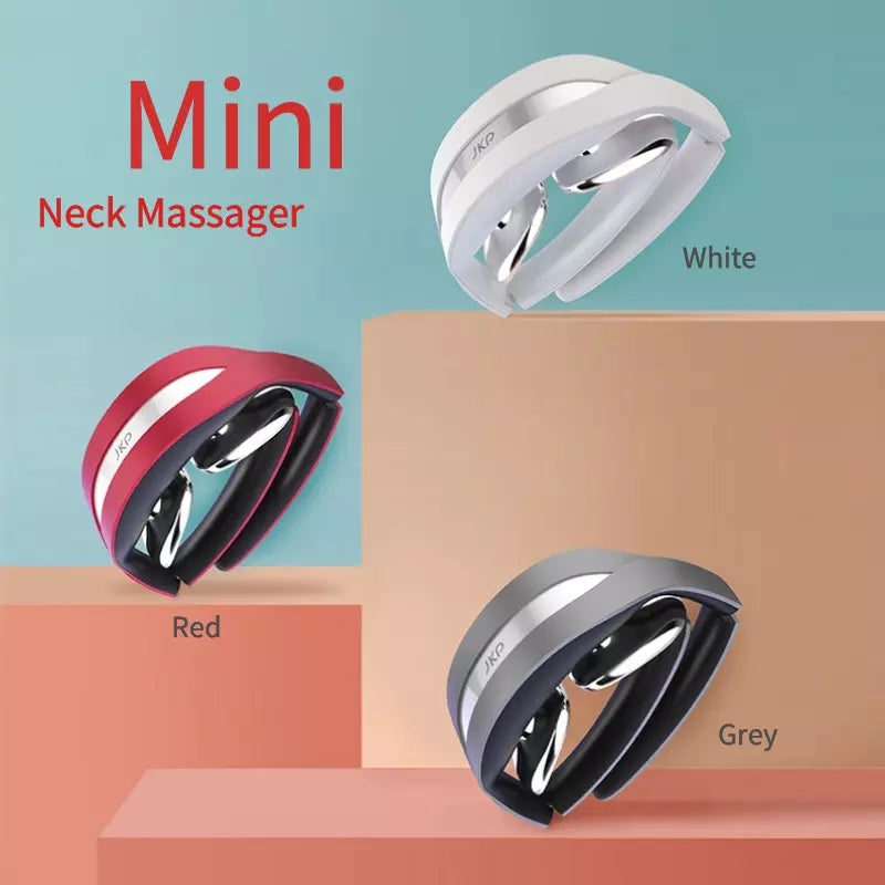 Three mini neck massagers in red, white, and grey colors displayed on colored blocks