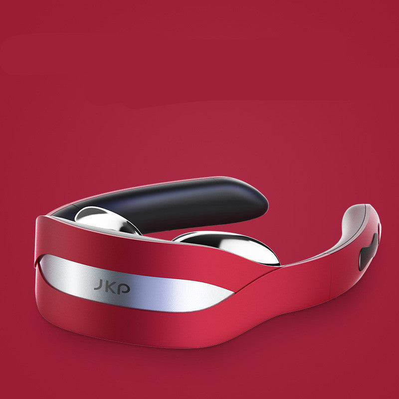 Red Trendoligy neck massager with silver massage nodes and black inner padding on red background