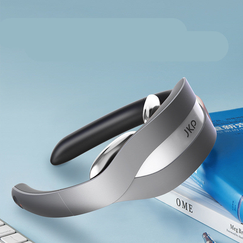 JKP gray and black USB neck massager with 42°C heat pulse therapy on blue background