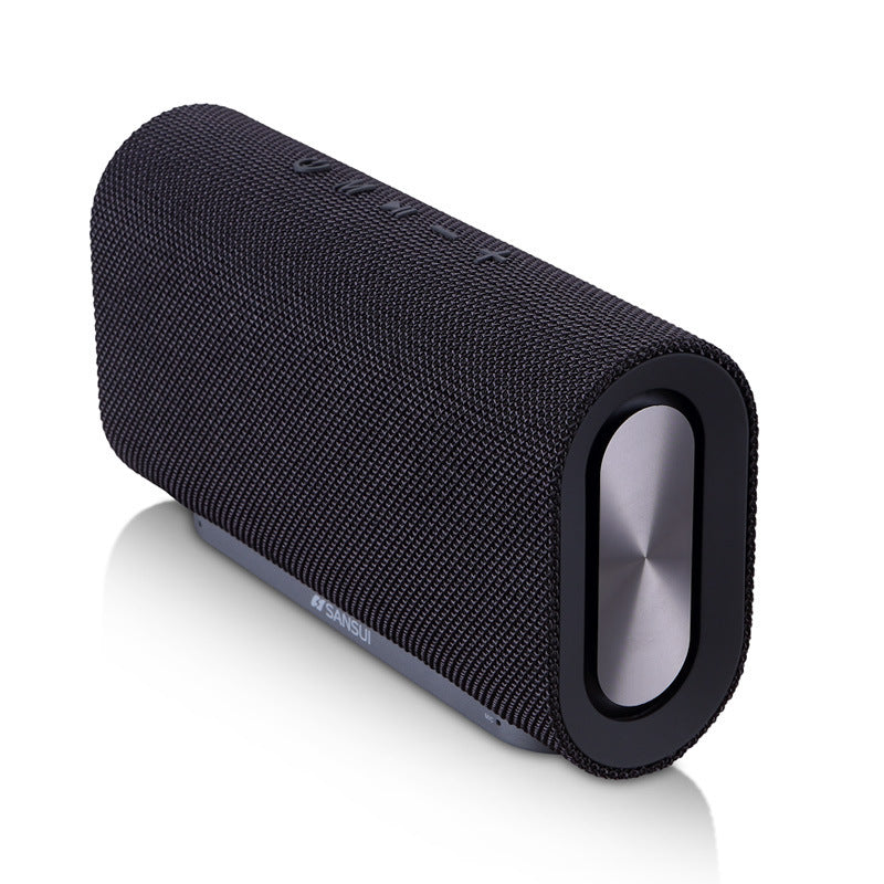 Black portable Sansui wireless Bluetooth speaker with fabric cover and silver side subwoofer
