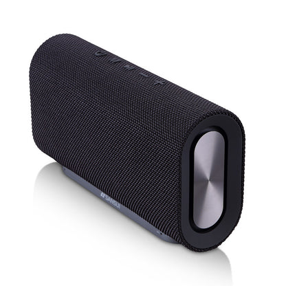 Black portable Sansui wireless Bluetooth speaker with fabric cover and silver side subwoofer