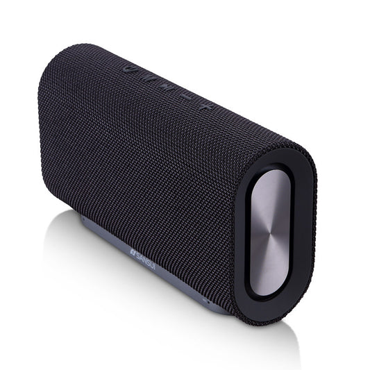 Black portable Sansui wireless Bluetooth speaker with fabric cover and silver side subwoofer