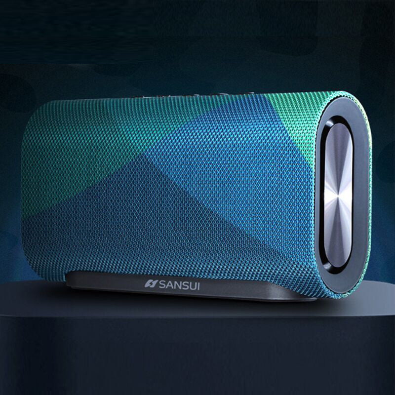Sansui portable wireless Bluetooth speaker with blue and green mesh fabric and silver subwoofer