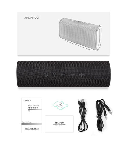 Sansui black portable Bluetooth speaker with control buttons, user manual, warranty card, USB and AUX cables
