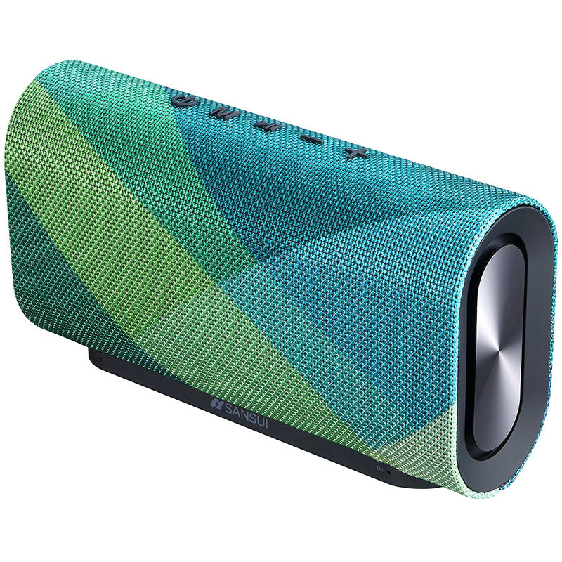 Portable Sansui wireless Bluetooth speaker with blue and green fabric mesh and side subwoofer
