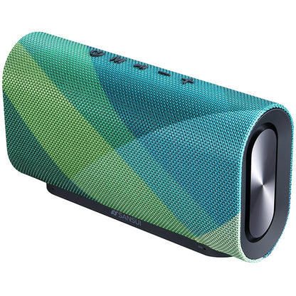 Portable Sansui wireless Bluetooth speaker with blue and green fabric mesh and side subwoofer