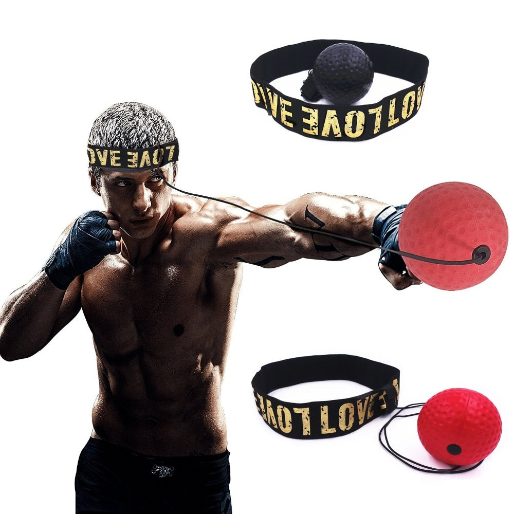Boxer wearing a black and yellow 'LOVE' headband using red boxing reflex punch ball with elastic cord